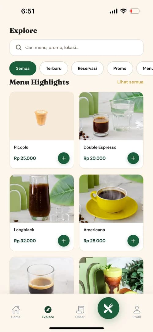 Explore — menu search and filters
