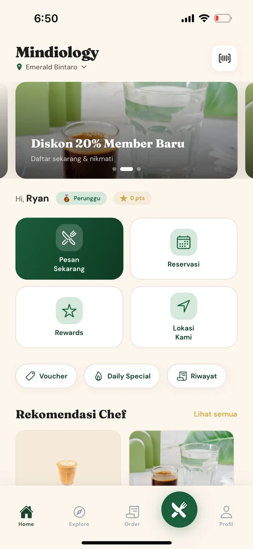 Home — location switcher, promos, quick actions