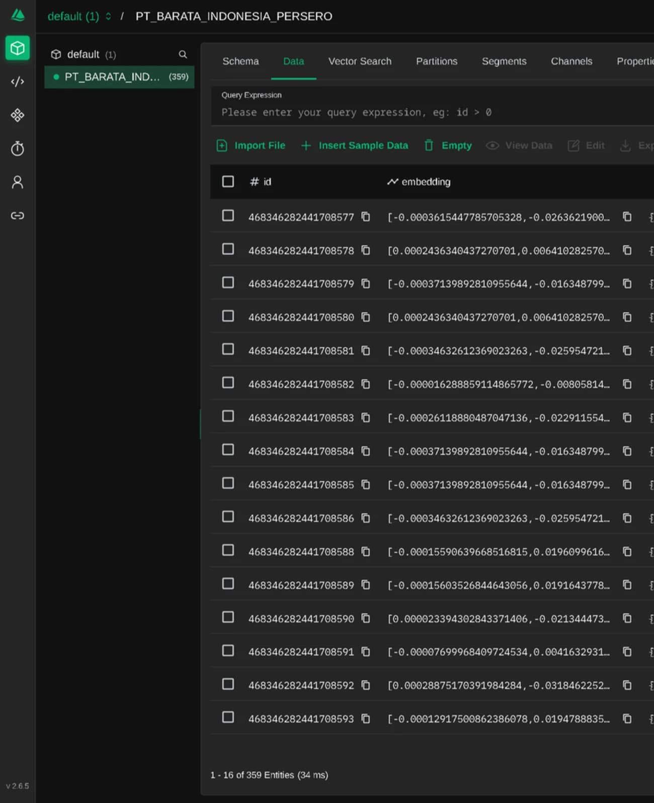 Milvus collection browser showing 359 embedded chunks with their vectors